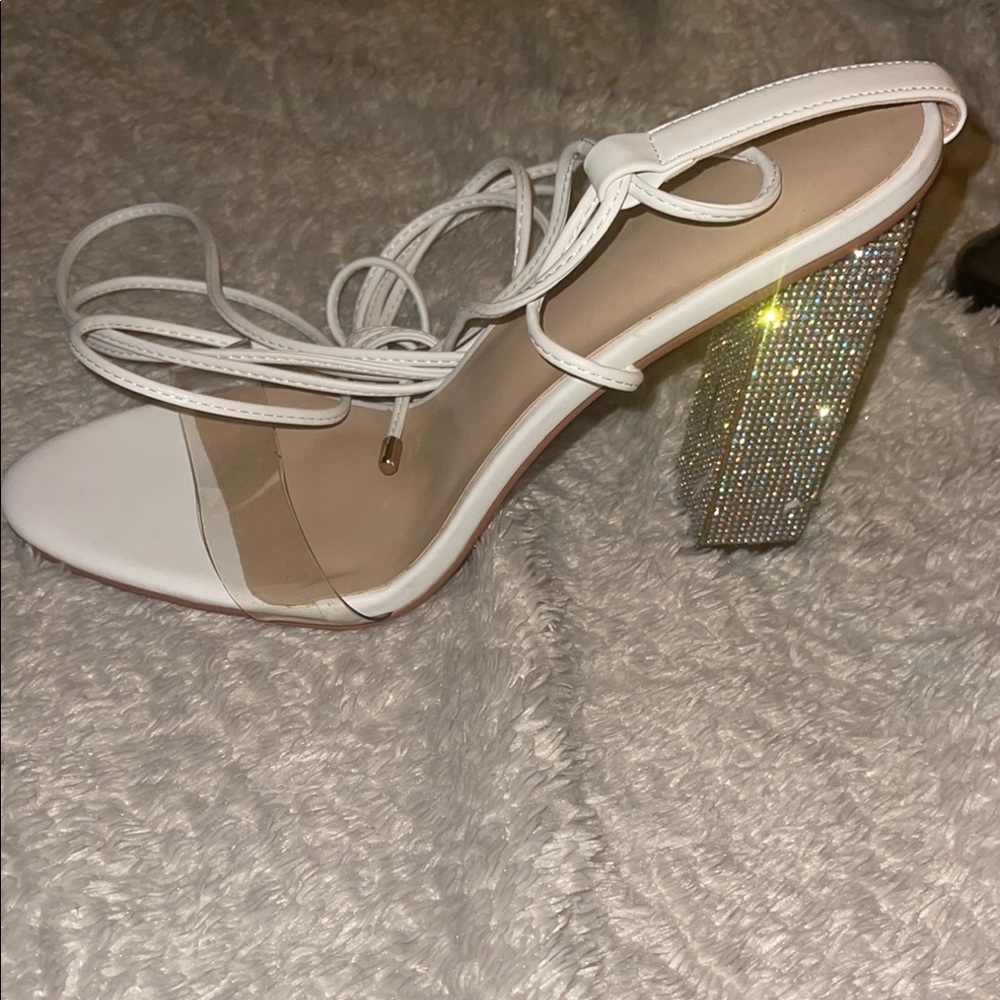 Brand New White and Silver Strappy Heels with Glitter-Filled Block Heel- Size 44